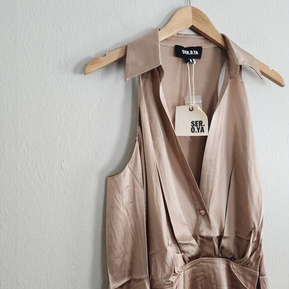 SER.O.YA Retrofete Shea Silk Off-Shoulder Wrap Mini Dress Natural S NWT - Picture 11 of 13